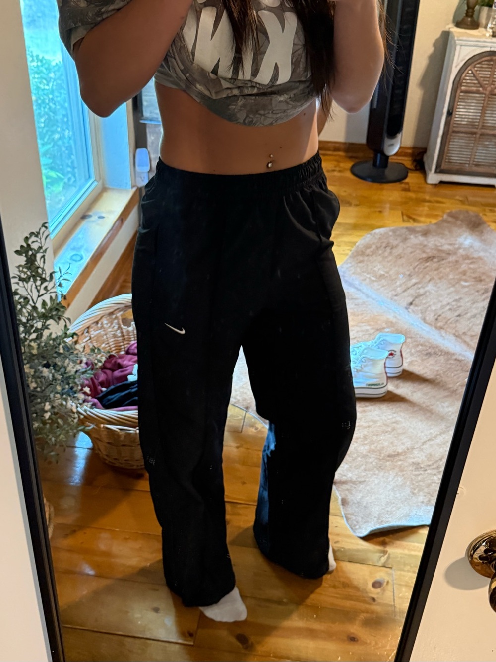 Nike Black Relaxed Wide-Leg Sweatpants with White Swoosh